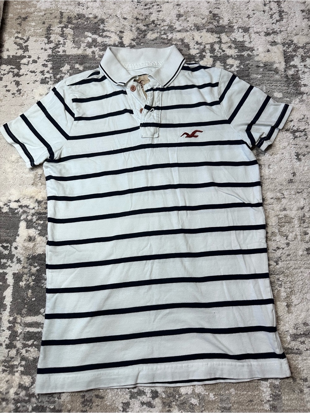 Hollister Y2K White Polo with Navy Stripes and Red Logo